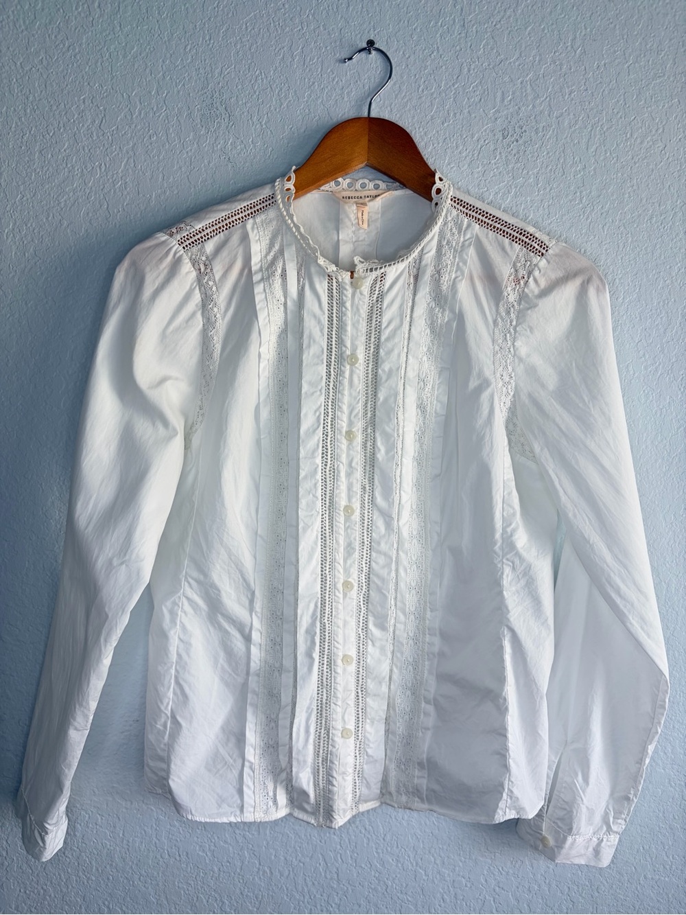 Rebecca Taylor White Lace-Trim Button Down Blouse, 100% Cotton, Size 6